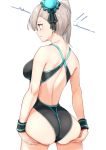  1girl ass asymmetrical_hair back bangs bare_shoulders black_ribbon black_swimsuit blue_eyes blue_swimsuit breasts bun_cover closed_mouth fate/grand_order fate_(series) grey_hair hair_bun hair_ribbon hands_on_own_ass highleg highleg_swimsuit long_hair miyamoto_musashi_(fate/grand_order) miyamoto_musashi_(swimsuit_berserker)_(fate) ribbon side_bun simple_background swept_bangs swimsuit thighs two-tone_swimsuit wristband yuuzuki_(re&#039;ef) 