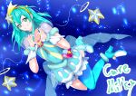  1girl aqua_hair blue_legwear bracelet character_name choker collarbone cure_milky earrings floating_hair full_body green_eyes grin hair_ornament hairband heart heart_hands highres jewelry long_hair looking_at_viewer nodo_kawakune pointy_ears precure see-through_silhouette shiny shiny_hair short_sleeves single_leg_pantyhose smile solo star_(symbol) star_earrings star_hair_ornament star_twinkle_precure yellow_hairband 