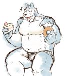  2020 anthro belly black_nose blue_body blue_fur bulge cake canid canine canis clothing domestic_dog doughnut food fur humanoid_hands inuryu kemono male mammal moobs navel nipples overweight overweight_male simple_background solo underwear white_background white_body white_fur 