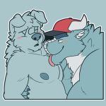  1:1 2020 andeanbear_den anthro blush canid canine clothing dragon duo hat headgear headwear hug licking male mammal nipples simple_background slightly_chubby tongue tongue_out 