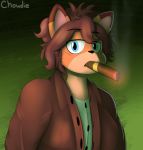  anthro artist_name blue_eyes canid canine chowdie chowie_tanuki cigar clothed clothing hair hi_res looking_at_viewer mammal mouth_hold multicolored_ears raccoon_dog smoke smoking solo tanuki topwear 