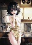  1girl absurdres apron artist_name black_hair breasts cowboy_shot dated eyebrows_visible_through_hair eyepatch fang green_eyes groin hair_between_eyes highres holding holding_ladle kantai_collection kiso_(kantai_collection) ladle legs_together medium_breasts muzzuleflash naked_apron nipples pot short_hair solo stove twitter_username yellow_apron 