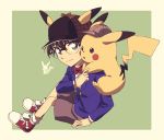  1boy animal_ears baseball_cap black-framed_eyewear blue_eyes blue_jacket bow bowtie brown_eyes brown_headwear brown_shorts closed_mouth detective_pikachu dress_shirt edogawa_conan fake_animal_ears gen_1_pokemon glasses green_background hage_ta hat jacket long_sleeves meitantei_conan on_shoulder over-rim_eyewear pikachu pokemon pokemon_(creature) pokemon_on_shoulder red_bow red_neckwear semi-rimless_eyewear shirt short_shorts shorts smile socks two-tone_background white_background white_legwear white_shirt 