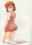  1girl absurdres blush brown_eyes brown_hair eyebrows eyebrows_visible_through_hair from_behind hair_ornament hairpin highres hyuuga_azuri kneehighs looking_back loose_socks misaka_mikoto shirt short_hair short_sleeves skirt skirt_removed smile socks solo to_aru_kagaku_no_railgun to_aru_majutsu_no_index white_legwear 