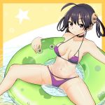  1girl absurdres ahoge azur_lane bangs bikini black_hair breasts commentary_request covered_nipples edoara feet_out_of_frame frog hair_rings highres innertube long_hair looking_at_viewer medium_breasts ning_hai_(azur_lane) partially_submerged purple_bikini purple_eyes sitting solo spread_legs swimsuit twintails water 