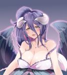  1041_(toshikazu) 1girl ahoge albedo babydoll bare_shoulders black_hair black_wings breast_rest breasts cleavage demon_girl demon_horns folded_ponytail frills hair_between_eyes hair_bun hair_up highres horns large_breasts long_hair looking_at_viewer nightgown off_shoulder overlord_(maruyama) purple_background simple_background slit_pupils smile solo spaghetti_strap strap_slip wings yellow_eyes 