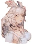  1girl animal_ears bangs blue_eyes breasts bunny_ears choker closed_mouth collarbone face final_fantasy final_fantasy_xiv flower hair_flower hair_ornament highres jewelry long_hair looking_at_viewer maekakekamen medium_breasts necklace profile solo viera white_background white_hair 