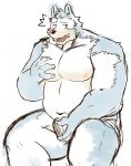  2020 anthro belly black_nose blue_body blue_fur blush bulge canid canine canis clothing domestic_dog fur humanoid_hands inuryu kemono male mammal moobs navel nipples overweight overweight_male simple_background sitting solo underwear white_background white_body white_fur 