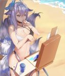  1girl animal_ears antenna_hair azur_lane bangs bare_arms bare_shoulders bikini black_bikini black_choker blue_nails breasts chinese_commentary choker cleavage commentary_request cowboy_shot criss-cross_halter eyebrows_visible_through_hair fox_ears fox_mask fox_tail hair_between_eyes halterneck hand_up holding_brush large_breasts long_hair mask mask_on_head multicolored multicolored_bikini multicolored_clothes multiple_tails nail_polish navel paintbrush purple_eyes purple_hair qingjiao_rou_si solo standing stomach swimsuit tail thick_eyebrows thigh_strap tosa_(azur_lane) tosa_(hometown_zest)_(azur_lane) very_long_hair white_bikini 