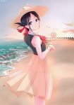  1girl absurdres arrichee bangs beach black_hair black_shirt bracelet brown_eyes closed_mouth day hair_ribbon hand_on_headwear hat highres jewelry kaguya-sama_wa_kokurasetai_~tensai-tachi_no_renai_zunousen~ looking_at_viewer medium_skirt ocean outdoors parted_bangs pleated_skirt red_neckwear red_ribbon ribbon see-through_silhouette shinomiya_kaguya shirt short_hair skirt sleeveless sleeveless_shirt smile solo standing sun_hat yellow_headwear yellow_skirt 