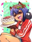  2020 3:4 ambiguous_gender anthro avian birthday black_body blue_hair bottomwear brand_new_animal brown_body brown_fur cake canid canine clothed clothing duo eyes_closed female feral fingers food fur hair hi_res hikari0922 jacket mammal michiru_kagemori open_mouth open_smile raccoon_dog shorts smile studio_trigger tanuki topwear wreath 