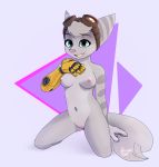  anthro blue_eyes breasts eyewear female fur genitals goggles goggles_on_head hi_res lombax looking_at_viewer mammal nipples prosthetic prosthetic_arm prosthetic_limb pussy raccoonkuni ratchet_and_clank rift_apart_lombax solo stripes video_games white_body white_fur 