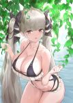  1girl azur_lane bangs bare_arms bare_shoulders between_breasts black_dress breasts cleavage collarbone commentary_request crystal_shoujo dress earrings eyebrows_visible_through_hair formidable_(azur_lane) frilled_dress frills grey_hair hair_ribbon highres jewelry large_breasts long_hair looking_at_viewer navel outdoors red_eyes ribbon solo twintails two-tone_ribbon very_long_hair 