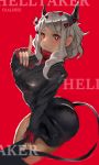  &lt;3 &lt;3_eyes 3:5 5_fingers absurd_res black_horn blush breasts business_suit clothing colored_nails demon english_text eyebrows female fingers hair helltaker hi_res horn humanoid looking_at_viewer modeus_(helltaker) nails not_furry olaleheez red_background red_eyes red_nails short_hair simple_background solo spade_tail standing suit text turtleneck white_body white_eyebrows white_hair white_skin 