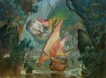  ambiguous_gender colossal_dreadmaw dinosaur feathered_dinosaur feathers feral hasbro hi_res jesper_ejsing jungle magic:_the_gathering reptile river sailing_ship sailing_watercraft scalie ship solo_focus vehicle watercraft wizards_of_the_coast 