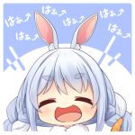  1girl :d ^_^ animal_ear_fluff animal_ears arrow_(symbol) bangs blue_background blue_hair blush braid bunny_ears carrot_hair_ornament catchphrase chibi closed_eyes commentary_request eyebrows_visible_through_hair facing_viewer food_themed_hair_ornament hair_ornament hololive laughing multicolored_hair open_mouth shachoo. short_eyebrows smile solo thick_eyebrows twin_braids two-tone_background two-tone_hair usada_pekora virtual_youtuber white_background white_hair 