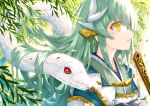  1girl animal bangs blush breasts commentary_request dragon_horns eyebrows_visible_through_hair fan fate/grand_order fate_(series) from_side green_hair green_kimono holding holding_fan horns japanese_clothes kimono kiyohime_(fate/grand_order) long_hair morizono_shiki open_mouth parted_lips red_eyes smile snake upper_body white_kimono white_snake yellow_eyes 