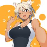  1girl ;d absurdres animal_ears blonde_hair breasts cat_ears cleavage competition_swimsuit dark_skin fang hair_between_eyes hand_up highres kr_ohoshisama large_breasts one-piece_swimsuit one_eye_closed open_mouth original paw_print_background pink_nails short_hair skin_fang smile swimsuit tan upper_body v 