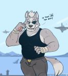  anthro bandage breath bulge canid canine canis clothed clothing eye_patch eyewear fight fighting_pose fur grey_body grey_fur hair hi_res kiba24 male mammal musclegut muscular nintendo pose shirt silver_hair solo star_fox tank_top taunting topwear video_games wolf wolf_o&#039;donnell 