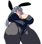  1girl animal_ears blue_eyes blue_hair breasts bulma bunny_ears bunny_girl bunnysuit commentary covered_nipples curvy dragon_ball dragon_ball_(classic) from_below highres huge_breasts large_breasts long_hair looking_at_viewer looking_down masao plump simple_background solo thick_thighs thighs white_background 