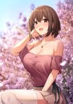  1girl bangs bare_shoulders blurry blurry_background blush bracelet breasts brown_eyes brown_hair brown_skirt cleavage collared_shirt commentary_request day earrings eyebrows_visible_through_hair fou_zi hand_up highres jewelry large_breasts looking_at_viewer off-shoulder_shirt off_shoulder open_mouth outdoors petals pink_shirt pleated_skirt princess_connect! princess_connect!_re:dive shirt shirt_tucked_in short_hair sitting skirt solo thighhighs white_legwear yui_(princess_connect!) yui_(real)_(princess_connect!) zettai_ryouiki 