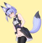  1girl absurdres animal_ear_fluff animal_ears artist_request black_choker black_hairband black_legwear blue_hair blush choker dress dress_lift fox_ears fox_girl fox_tail hair_between_eyes hairband highres no_panties object_insertion pocky_day pussy sash short_hair sleeveless sleeveless_dress solo tail thighhighs uncensored vaginal vaginal_object_insertion vrchat wavy_mouth wrist_cuffs yellow_eyes yuuko-zoku_no_onee-chan 