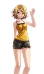  1girl :3 bare_shoulders black_shorts blonde_hair bob_cut breasts camisole collarbone commentary feet_out_of_frame highres kagamine_rin kunoichi_demo_koi_ga_shitai_(vocaloid) light_smile orange_konkon_(module) project_diva_(series) shirt short_hair shorts simple_background small_breasts solo standing tsukishiro_saika vocaloid waving white_background yellow_eyes yellow_shirt 