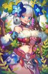  blue_eyes breasts cleavage flower hair_flower hair_ornament highres jungle melia nature silver_hair smile xenoblade_(series) xenoblade_1 yagi_(kyuhyun) 