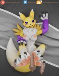  3_fingers 3_toes anthro balls bed blue_eyes bodily_fluids breasts canid canine claws cum cum_on_breasts cum_on_chest cum_on_face cum_on_own_breasts cum_on_self cum_on_stomach cumshot digimon digimon_(species) disembodied_hand disembodied_penis duo ejaculation feet female fingers foot_fetish foot_play footjob fur furniture genital_fluids genitals hi_res humanoid_genitalia humanoid_hands humanoid_penis looking_at_viewer lying male male/female mammal nipples nude on_back penis renamon sex smile text toes url waeverstan 
