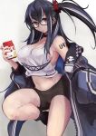  azur_lane baggy_clothes bike_shorts black-framed_eyewear black_hair breasts cross_choker drinking_straw highres long_hair marshall_k milk_carton multicolored_hair navel no_bra off_shoulder one_side_up red_eyes semi-rimless_eyewear streaked_hair two-tone_hair u-47_(azur_lane) u-47_(beginner_rider)_(azur_lane) white_hair 