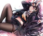  1girl absurdres azur_lane bangs black_cardigan black_footwear black_hair black_legwear black_serafuku black_shirt black_skirt blue_sky blush breasts cardigan cherry_blossoms eyebrows_visible_through_hair hair_ornament hairclip highres horns huge_filesize long_hair long_sleeves looking_at_viewer lying medium_breasts midriff_peek navel neckerchief noshiro_(azur_lane) on_back oni_horns open_cardigan open_clothes outdoors pantyhose pleated_skirt purple_eyes sailor_collar sak_(lemondisk) school_uniform serafuku shirt shoes simple_background skirt sky smile solo thighband_pantyhose tree very_long_hair white_background white_sailor_collar x_hair_ornament yellow_neckwear 