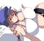  1girl bare_shoulders blue_eyes blue_headwear breasts brown_hair cleavage commentary_request curvy denim denim_shorts hat highres huge_breasts large_breasts light_smile long_hair lying masao on_back original shorts simple_background skindentation smile solo 