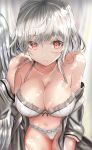  1girl bare_shoulders bra breasts cleavage collarbone feathered_wings grey_jacket houdukixx jacket kishin_sagume lace lace-trimmed_bra lace-trimmed_panties large_breasts long_sleeves looking_at_viewer navel off_shoulder open_clothes open_jacket panties red_eyes short_hair silver_hair single_wing solo stomach thighs touhou underwear underwear_only white_bra white_panties wings 