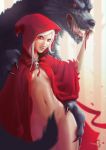  2018 absurd_res ambiguous_gender anthro blood bodily_fluids breasts canid canine canis claws clothing convenient_censorship digital_media_(artwork) duo female female/ambiguous female_on_anthro forest fur grey_body grey_fur hair hi_res human human_on_anthro interspecies krakenkatz little_red_riding_hood little_red_riding_hood_(copyright) looking_at_viewer mammal mostly_nude navel open_mouth outside red_eyes scar sharp_teeth simple_background size_difference smaller_female teeth tongue tree white_hair wolf wounded 