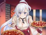  1girl apron azur_lane belfast_(azur_lane) blue_eyes blush breasts brown_shirt chain cleavage collar food hair_ornament hair_scrunchie highres holding_pizza large_breasts long_hair maroonabyss offering pepperoni pizza pizza_hut ponytail red_apron red_scrunchie scrunchie shirt silver_hair solo very_long_hair 