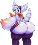  anthro anus big_breasts big_butt big_nipples breasts butt clothing digital_media_(artwork) eyewear female goggles goggles_on_head hair huge_breasts hyper hyper_breasts lombax mammal matospectoru nipples nude open_mouth piercing ratchet_and_clank rift_apart_lombax simple_background smile solo stripes thick_thighs video_games white_background 