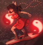  ankle_boots armpits ascot belt black_hair boots bow dress gloves goggles gohei hakurei_reimu linmiee motion_blur orb parody parted_lips red_dress ribbon serious side_slit sleeveless socks solo sonic_riders sonic_the_hedgehog strap surfboard toned touhou white_bow white_ribbon yin_yang 