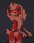  2020 3_fingers anthro black_claws claws fingers fur grey_background hair loupyd lycanroc midnight_lycanroc nintendo pok&eacute;mon pok&eacute;mon_(species) red_body red_eyes red_fur red_sclera signature simple_background solo standing tuft video_games white_body white_fur white_hair 