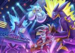  2020 amped_toxtricity anthro blue_body blue_fur blue_markings canid canine fingers fur guitar hair half-closed_eyes hi_res ho-oh_(artist) holding_object keyboard_instrument lights low_key_toxtricity lycanroc mammal markings microphone midnight_lycanroc musical_instrument narrowed_eyes nintendo one_eye_closed open_mouth pachirisu piano plucked_string_instrument pok&eacute;mon pok&eacute;mon_(species) purple_body red_body red_eyes red_fur reptile rocking_out rodent scalie sciurid sharp_teeth signature spikes string_instrument teeth tongue tongue_out toxtricity video_games white_body white_fur white_hair 