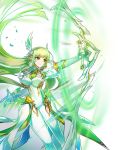  absurdres bodysuit bow_(weapon) breasts cleavage daybreaker_(elsword) elbow_gloves elf elsword gloves green_eyes green_hair green_neckwear green_wings hair_blowing highres holding holding_bow_(weapon) holding_weapon large_breasts long_hair official_art pointy_ears rena_erindel skin_tight solo thigh_gap very_long_hair weapon white_bodysuit white_gloves wind winged_hair_ornament wings 