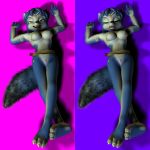  1:1 2009 3d_(artwork) anthro blue_body blue_fur breasts canid canine clothing crossed_legs digital_media_(artwork) eyes_closed female fox foxweaver fur genitals krystal legs_together loincloth lying mammal multicolored_body multicolored_fur multicolored_tail nintendo on_back open_mouth pussy solo star_fox teeth video_games white_body white_fur 