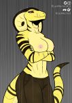  absurd_res anthro big_breasts blackhornet breasts claws clothed clothing cobra crossed_arms female hi_res just_ryan multicolored_body nipples raining red_eyes reptile scalie scar simple_background smile snake solo standing topless two_tone_body wet yellow_body 