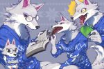  2020 3:2 animal_crossing anthro book canid canine clothing dessert dragoooon1223 eyewear fang_(animal_crossing) food fur glasses grey_body grey_fur ice_cream looking_at_viewer mammal nintendo simple_background surprised_expression sweater topwear video_games 