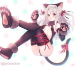  1girl animal_ear_fluff animal_ears ass bangs bare_shoulders bell black_gloves black_legwear black_sleeves blush breasts cat_ears cat_tail center_opening commentary_request detached_sleeves eyebrows_visible_through_hair fake_animal_ears fate/grand_order fate_(series) full_body fur-trimmed_gloves fur_collar fur_trim gloves hair_bell hair_between_eyes hair_ornament hair_ribbon illyasviel_von_einzbern jingle_bell long_hair looking_at_viewer open_mouth paw_gloves paw_shoes paws red_eyes red_ribbon ribbon shoes sidelocks small_breasts solo suzuho_hotaru tail tail_ribbon thighhighs twitter_username 