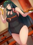  1girl ;) alcohol bangs beer blunt_bangs breasts cleavage curvy dutch_angle food french_fries froth green_hairband hairband hamburger highres holding holding_plate hooters indoors large_breasts long_hair looking_at_viewer one_eye_closed plate short_shorts shorts smile solo standing stool touhoku_zunko very_long_hair voiceroid waitress yuzumiya_mono 
