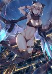  1girl absurdres ahoge bangs bare_shoulders bikini black_bikini black_bow black_gloves black_legwear black_scarf blonde_hair blush bow breasts cityscape cleavage closed_mouth elbow_gloves fate/grand_order fate_(series) flying gloves hair_bow highleg highleg_bikini highres hitomin_(ksws7544) huge_filesize large_breasts legs looking_at_viewer multi-strapped_bikini navel night night_sky okita_souji_(fate)_(all) okita_souji_(swimsuit_assassin)_(fate) one_eye_closed scarf single_glove sky smile swimsuit thigh_strap thighhighs w yellow_eyes 
