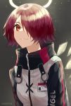  1girl absurdres arknights artist_name bangs brown_background commentary detached_wings exusiai_(arknights) hair_over_one_eye halo highres jacket kanniepan looking_at_viewer penguin_logistics_(arknights) red_eyes red_hair short_hair smile solo white_jacket wings 