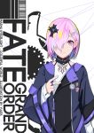  1girl absurdres bangs black_jacket character_name closed_mouth commentary_request copyright_name eyebrows_behind_hair fate/grand_order fate_(series) hair_ornament hair_over_one_eye highres jacket long_sleeves looking_at_viewer mash_kyrielight pink_hair purple_eyes shirt sleeves_past_wrists smile solo upper_body v white_background white_shirt yuuta_(yuuta0312) 