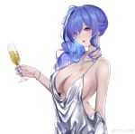  1girl absurdres arm_behind_back azur_lane blue_hair breasts champagne_flute cleavage cup dress drinking_glass earrings hair_ornament hairclip highres jewelry jiusan_naitan large_breasts lips long_hair looking_at_viewer nail_polish necklace parted_lips purple_eyes side_ponytail silver_dress simple_background single_sidelock solo st._louis_(azur_lane) st._louis_(luxurious_wheels)_(azur_lane) weibo_username white_background 