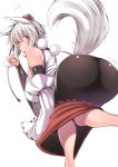  1girl animal_ears ass bare_shoulders bent_over breasts hat highres inubashiri_momiji red_eyes shishi_juuroku short_hair simple_background solo tail thighs touhou white_background white_hair wolf_ears wolf_tail 